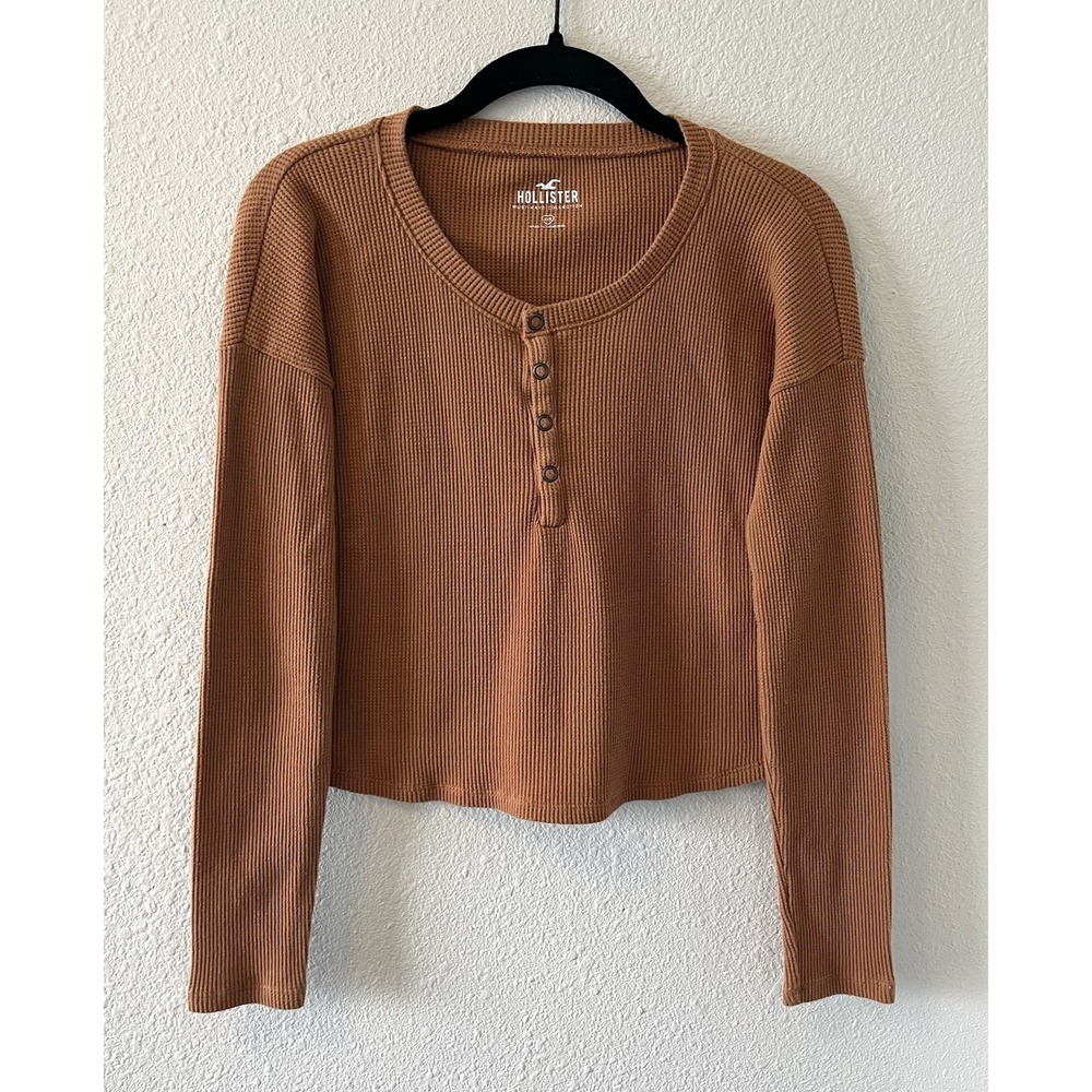Hollister Women's Henley Thermal Size XXS Light Brown Long Sleeve Cropped